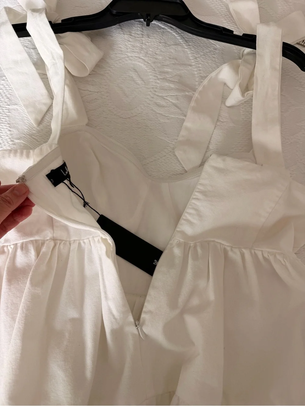 Lulus S  Linen Blend Tie Strap Corset Mini Dress Tiered White Bridal Cottagecore